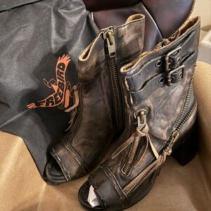 freebird Distressed Brown Open-Toe Leather Ankle Booties with Buckles & Tassels